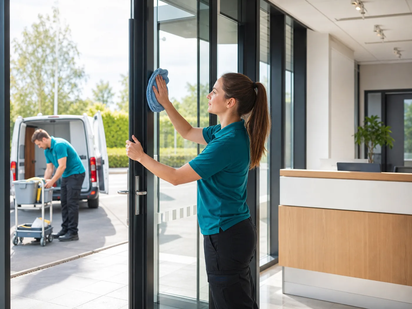 Cleaner wiping an office glass door with cleaning equipment and service vehicle nearby